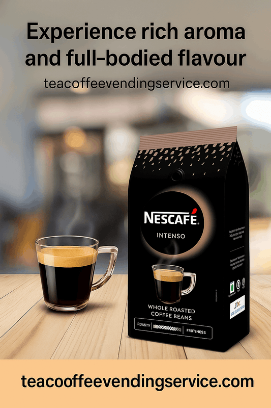 Nescafe Intenso whole roasted coffee beans Delhi package with a glass of black coffee on wooden table