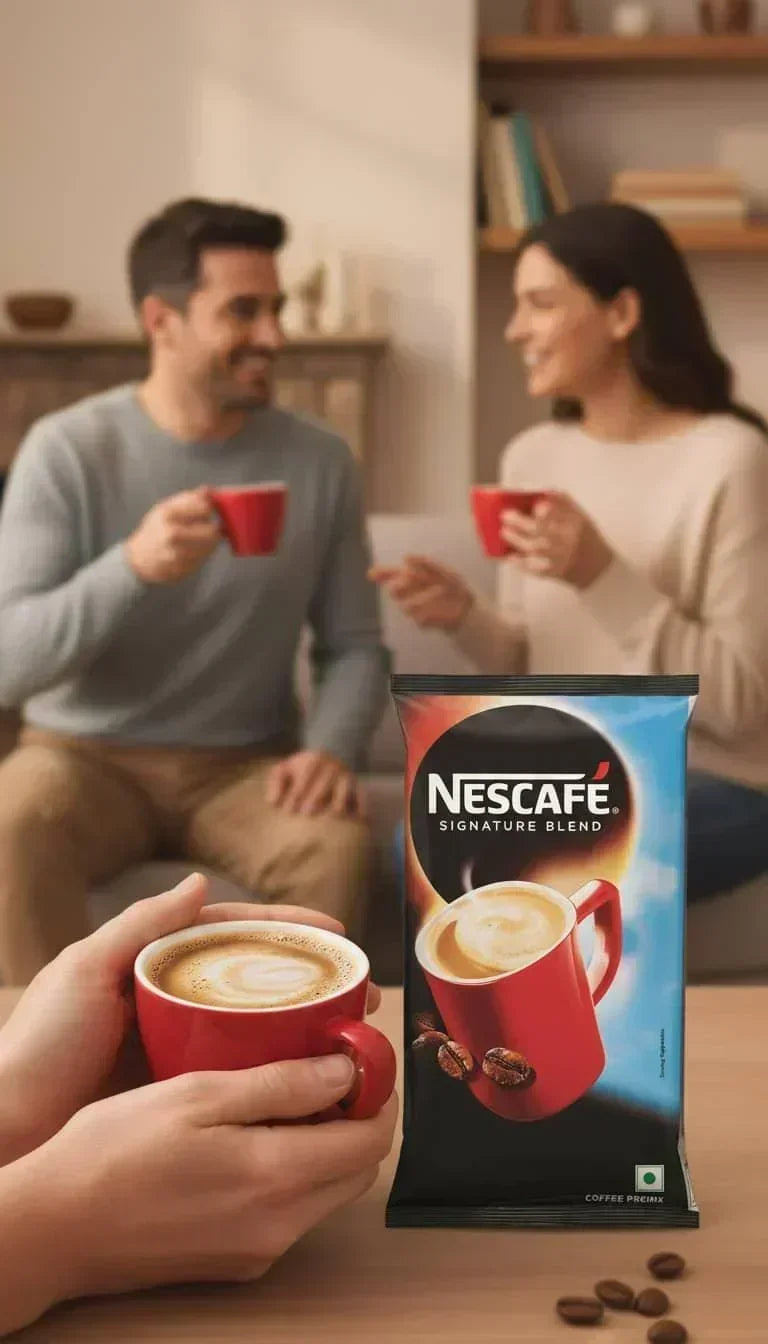 Nescafe signature blend 1kg coffee premix pack with two people enjoying coffee in Delhi