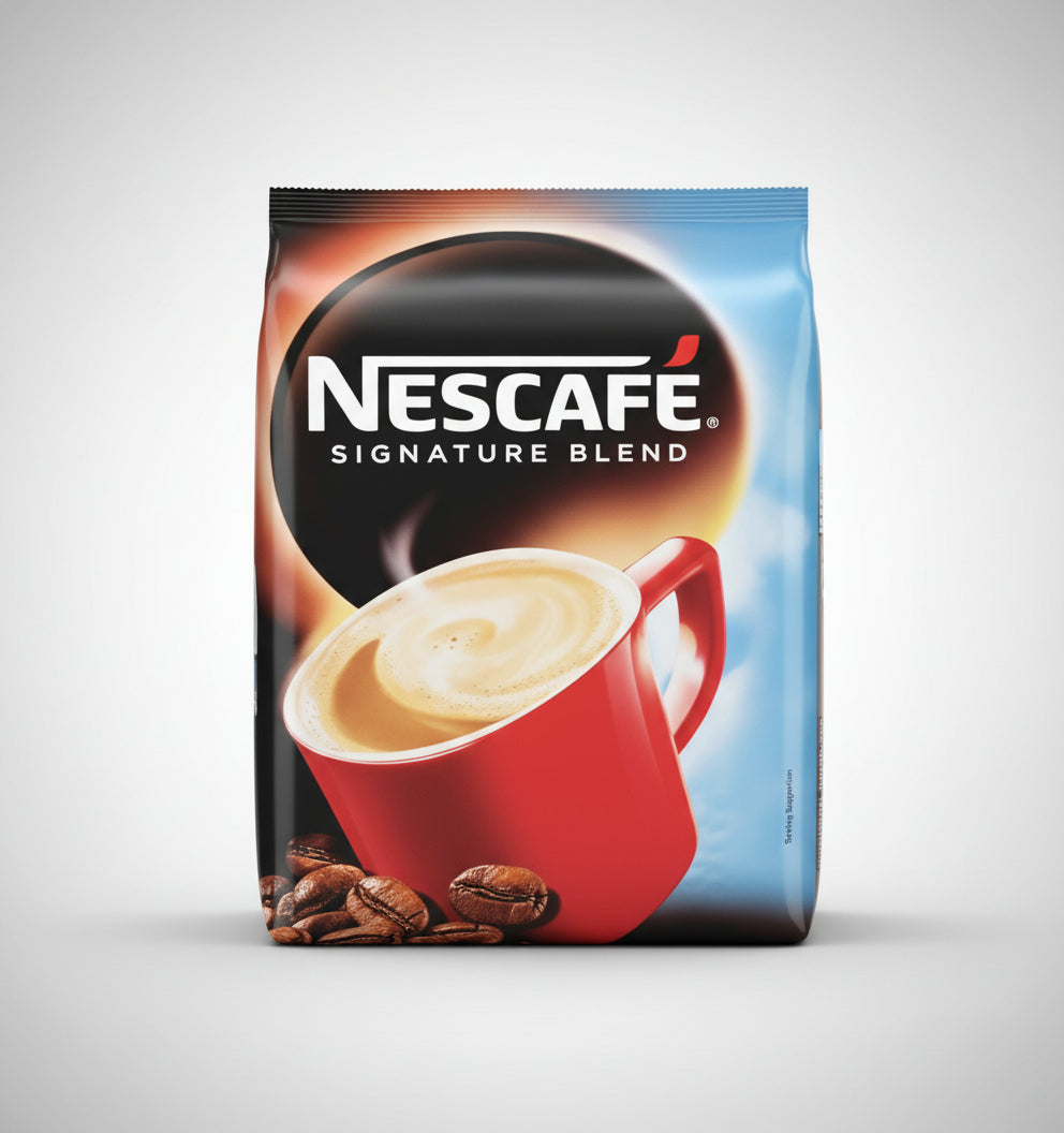 Nescafe Signature Blend 1kg premix coffee pack with red cup and coffee beans on packaging