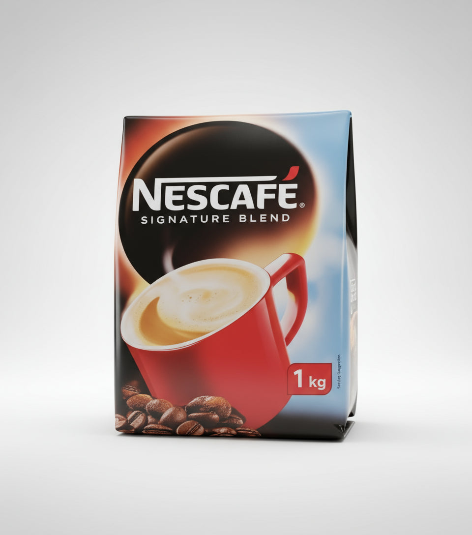 Nescafe Signature Blend 1kg premix coffee pack with a red cup and coffee beans