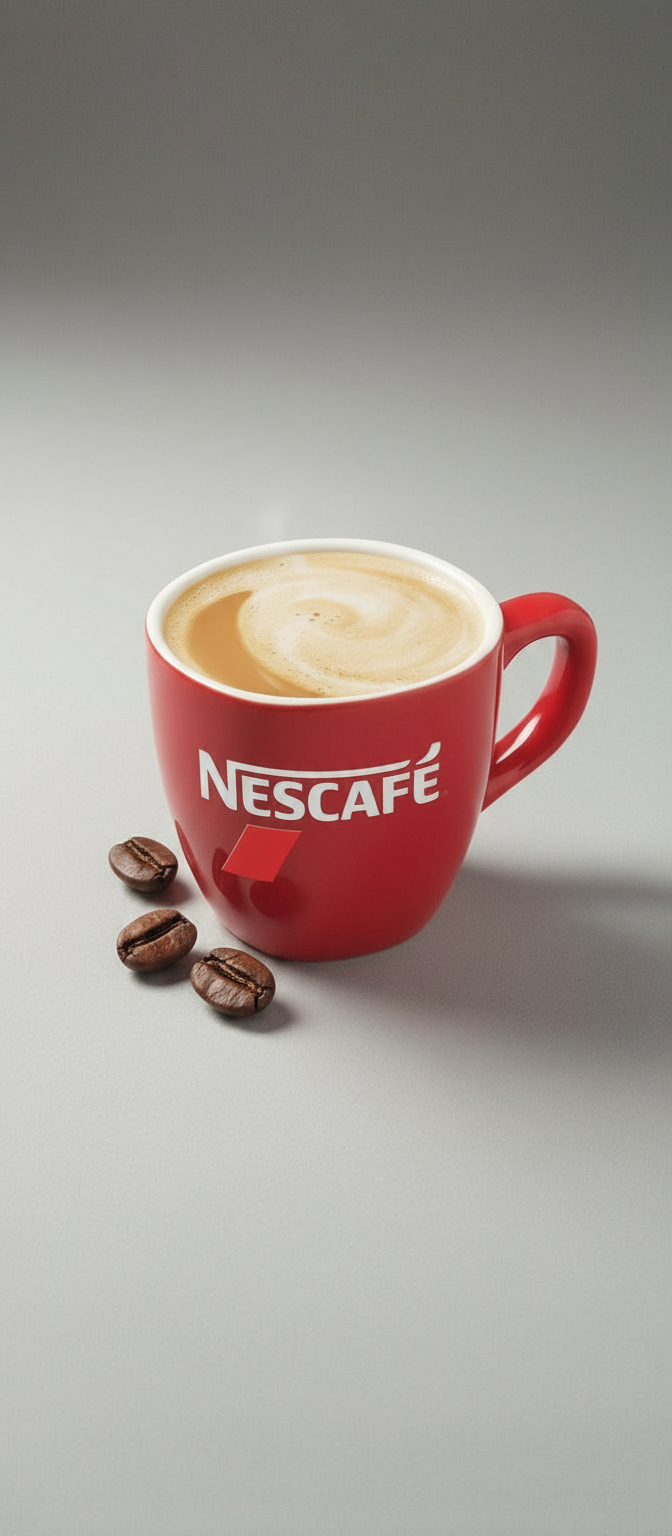 Red cup of coffee with foam and coffee beans beside it representing Nescafe Signature Blend 1kg premix