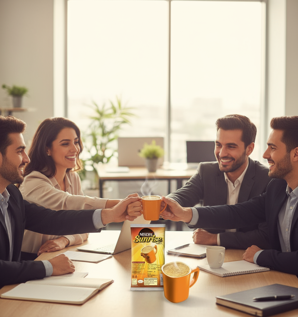 Group of professionals enjoying nescafe sunrise coffee in a meeting with coffee mugs and packet on table