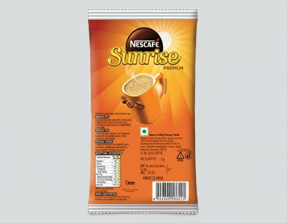 Nescafe Sunrise coffee pack with orange design and steaming cup of coffee on front