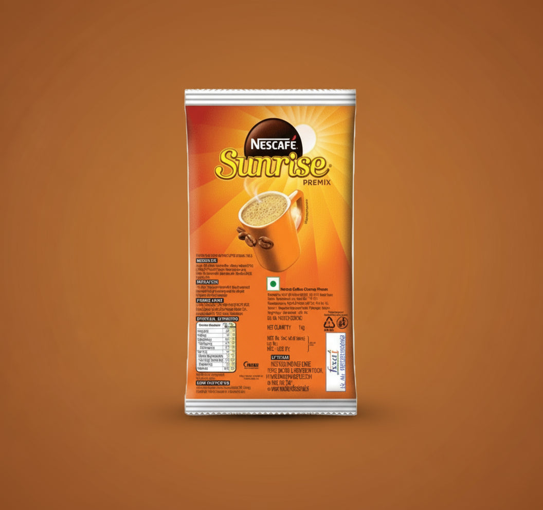Nescafe sunrise coffee premix sachet with coffee cup and beans on orange background