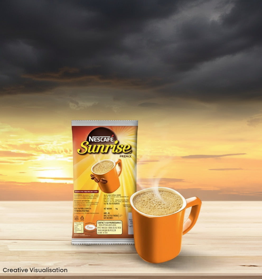 Nescafe sunrise coffee pack with steaming cup of coffee against a sunrise background