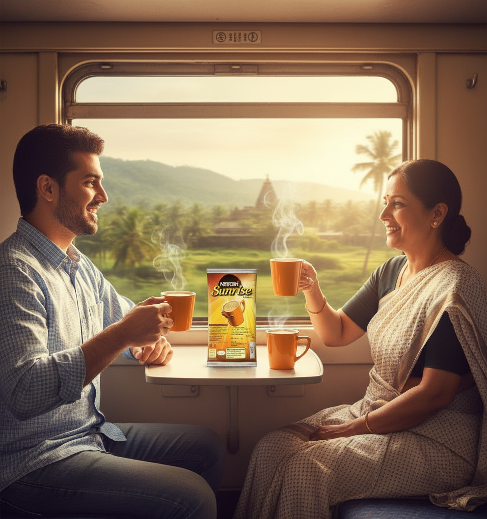 Couple enjoying steaming cups of nescafe sunrise coffee on a train with scenic landscape view