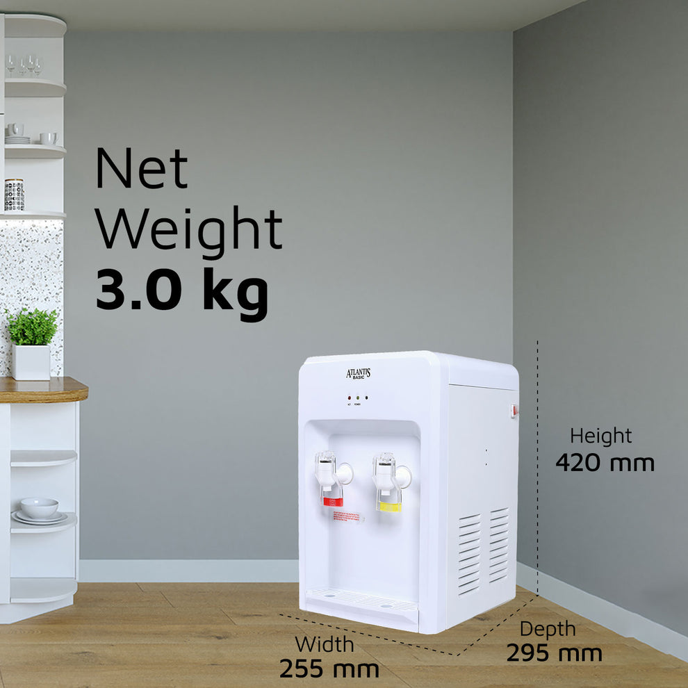 Atlantis Basic water dispenser white compact design with dual taps and dimensions displayed