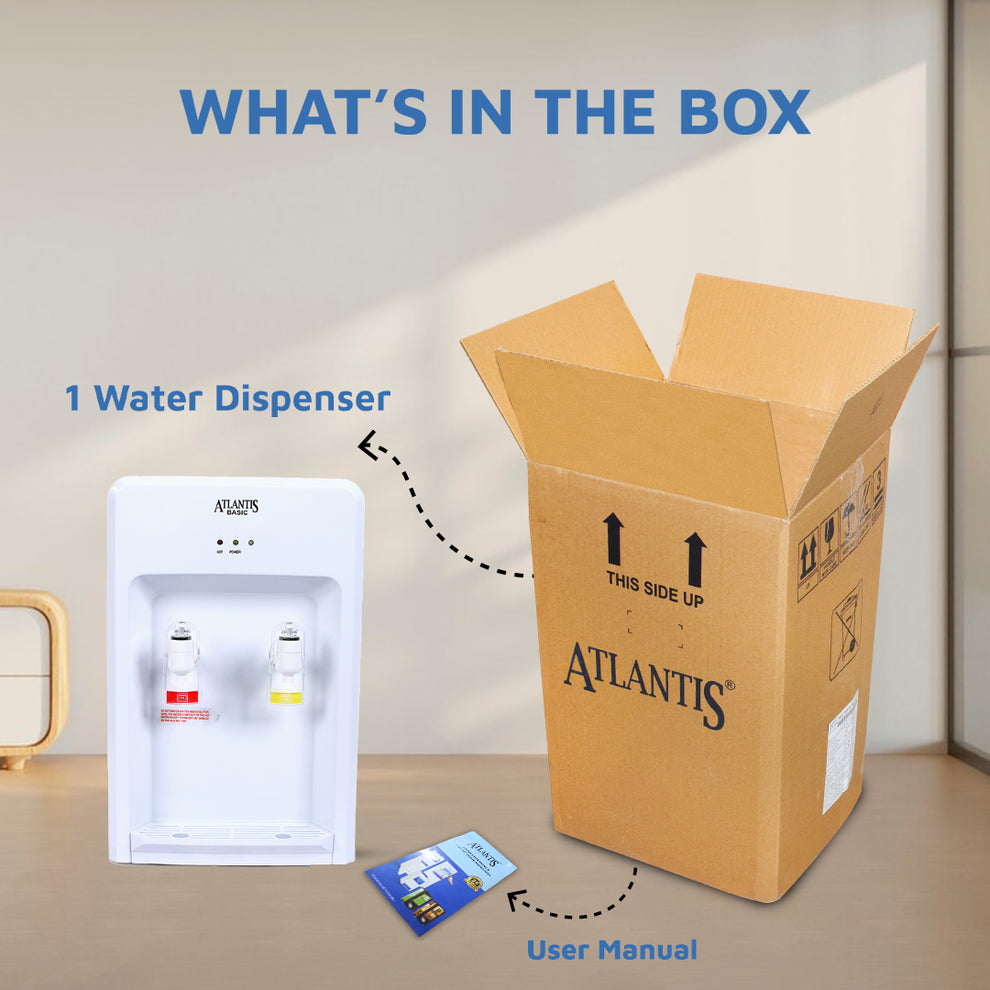 Atlantis Basic water dispenser with cardboard box and user manual showing what's included in the package