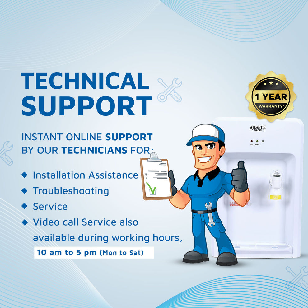 Atlantis Basic water dispenser with technical support illustration and one year warranty badge