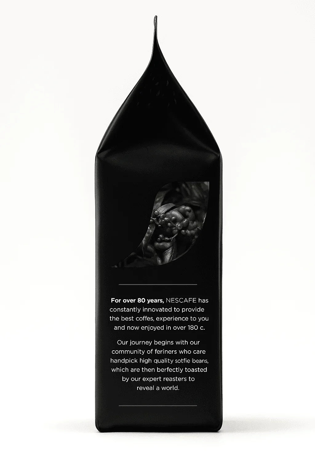 Black packaging of whole roasted coffee beans Delhi with a clear window showing raw coffee cherries