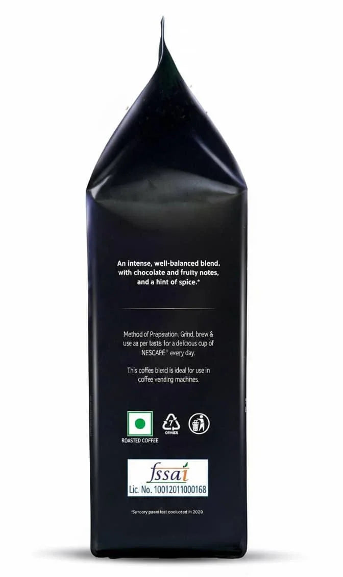 Black pack of whole roasted coffee beans Delhi with preparation instructions and certification labels