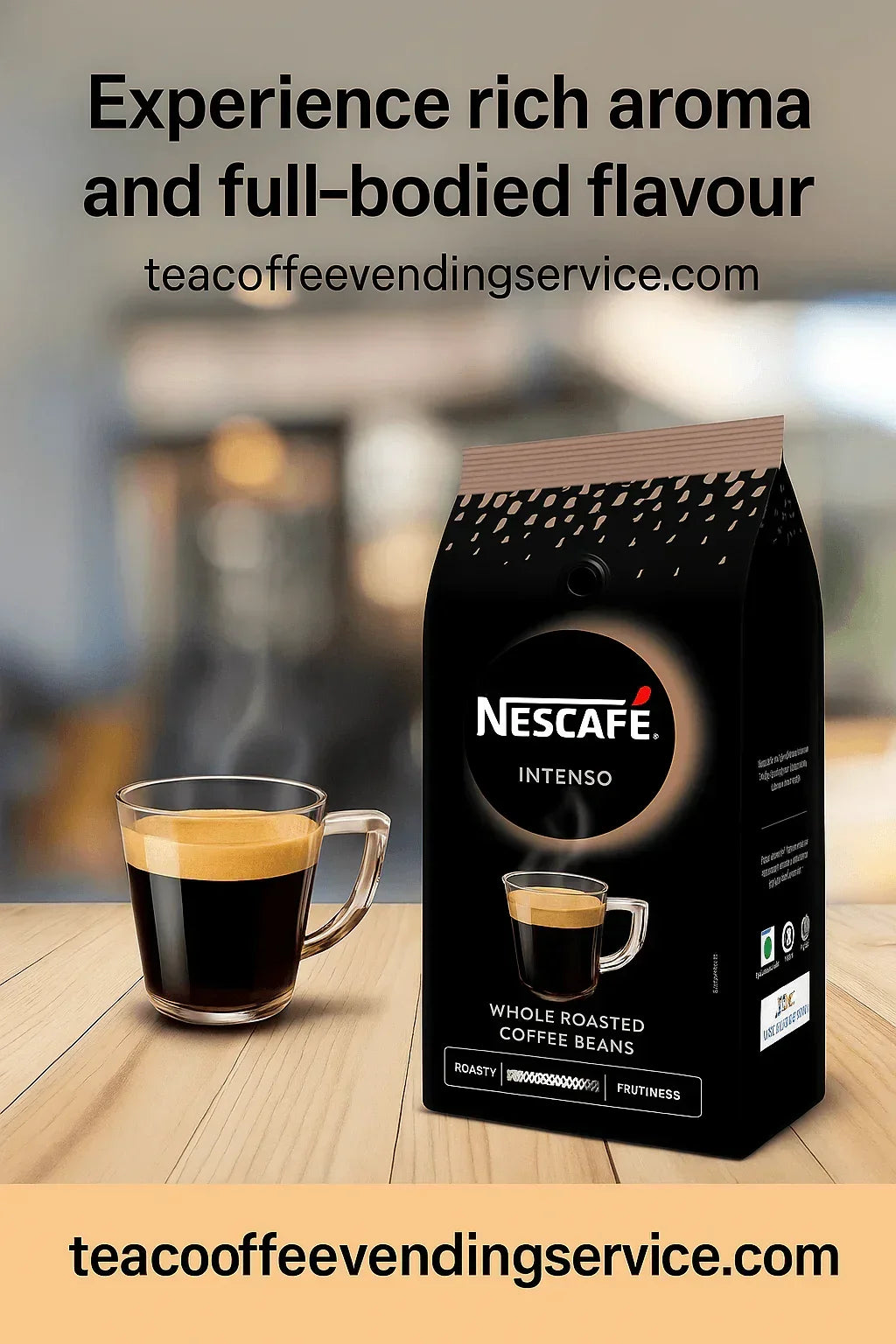 Nescafe Intenso whole roasted coffee beans Delhi package next to a cup of espresso on wooden table