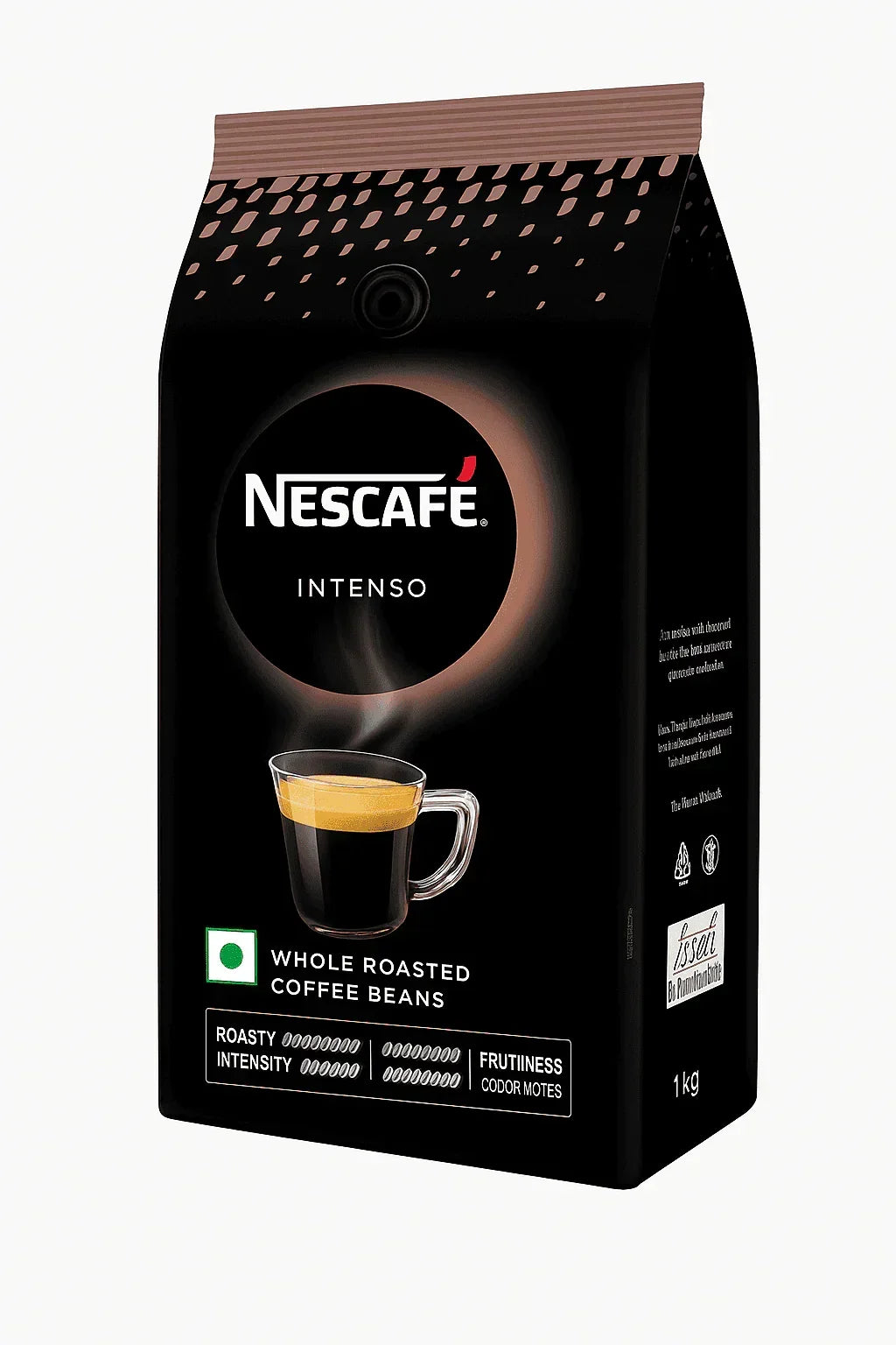 Nescafe Intenso whole roasted coffee beans Delhi packaging with 1kg black bag and espresso cup image