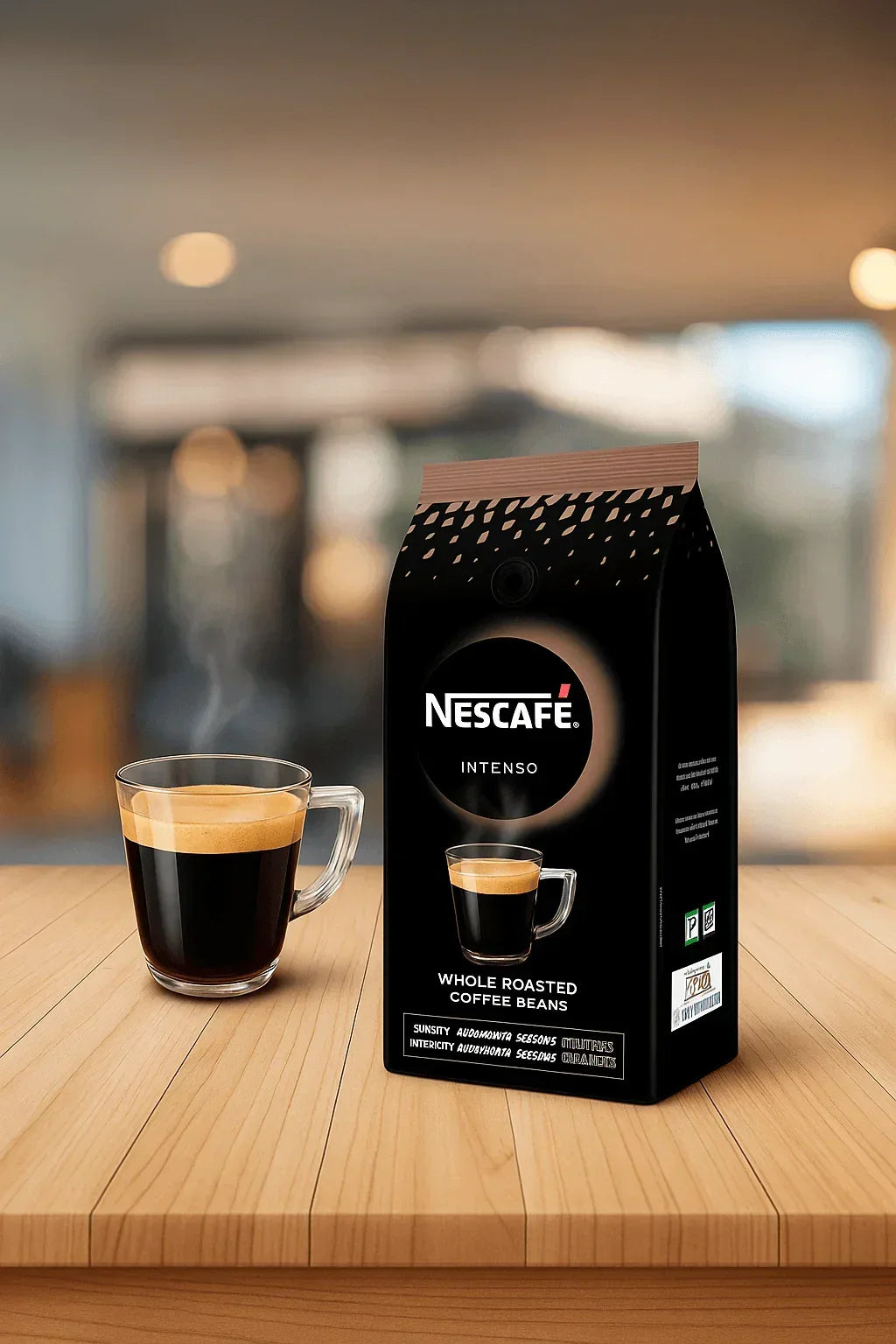Nescafe Intenso whole roasted coffee beans Delhi package with a glass cup of fresh coffee on wooden table