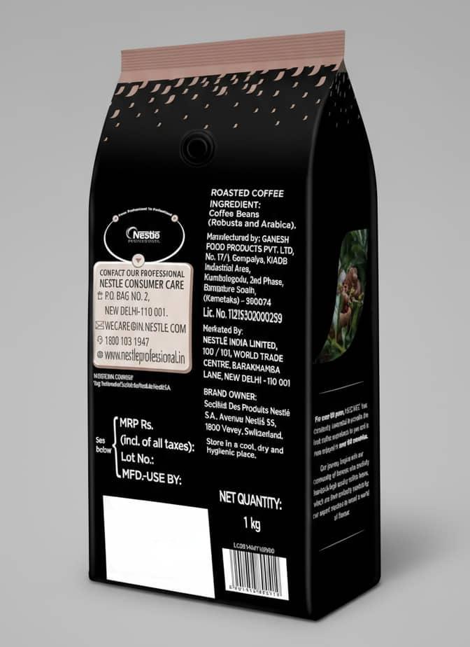 Black packaging of whole roasted coffee beans Delhi with product details and 1 kg net weight