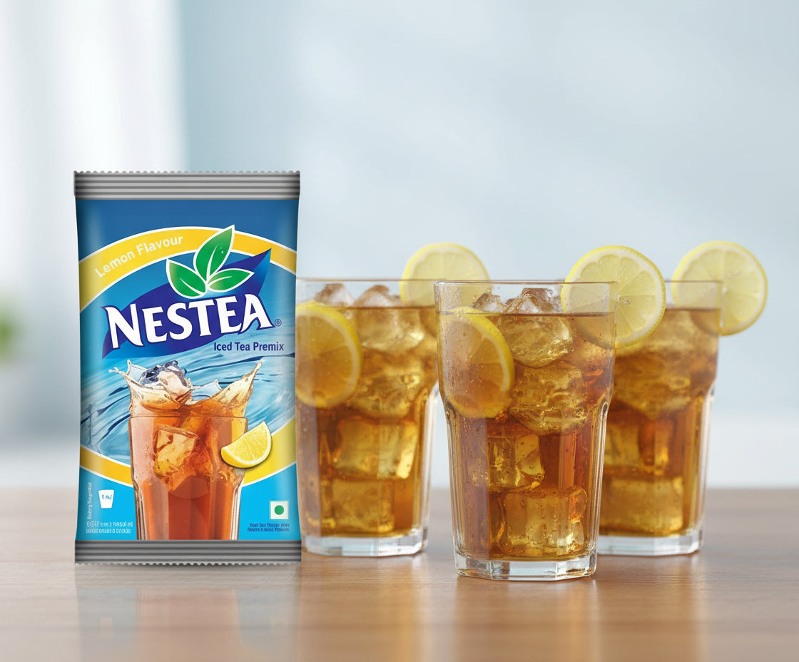 Nestea lemon iced tea 1kg pack with three glasses of iced lemon tea garnished with lemon slices