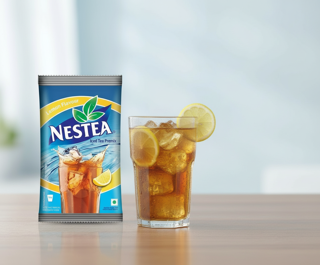 Nestea lemon iced tea 1kg pack with a glass of iced lemon tea and lemon slice on wooden table