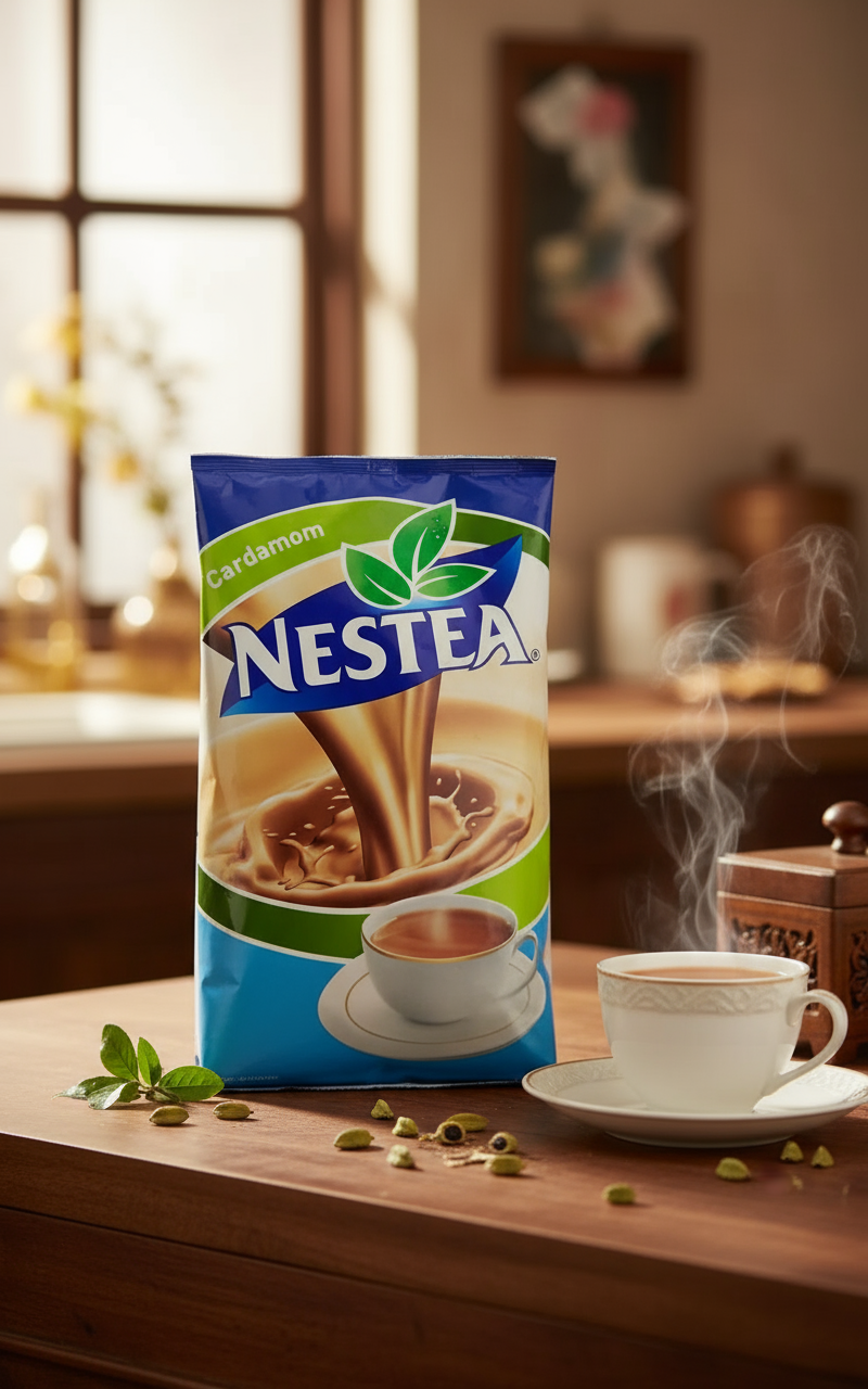 Nestea Masala Gold instant tea premix with cardamom flavor next to steaming cup of tea on wooden table