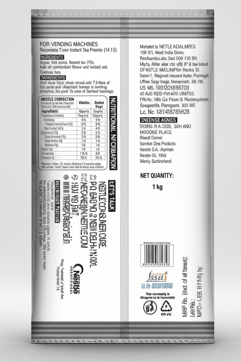Back packaging of Nestea Masala Gold instant tea premix for vending machines with ingredient and nutritional information