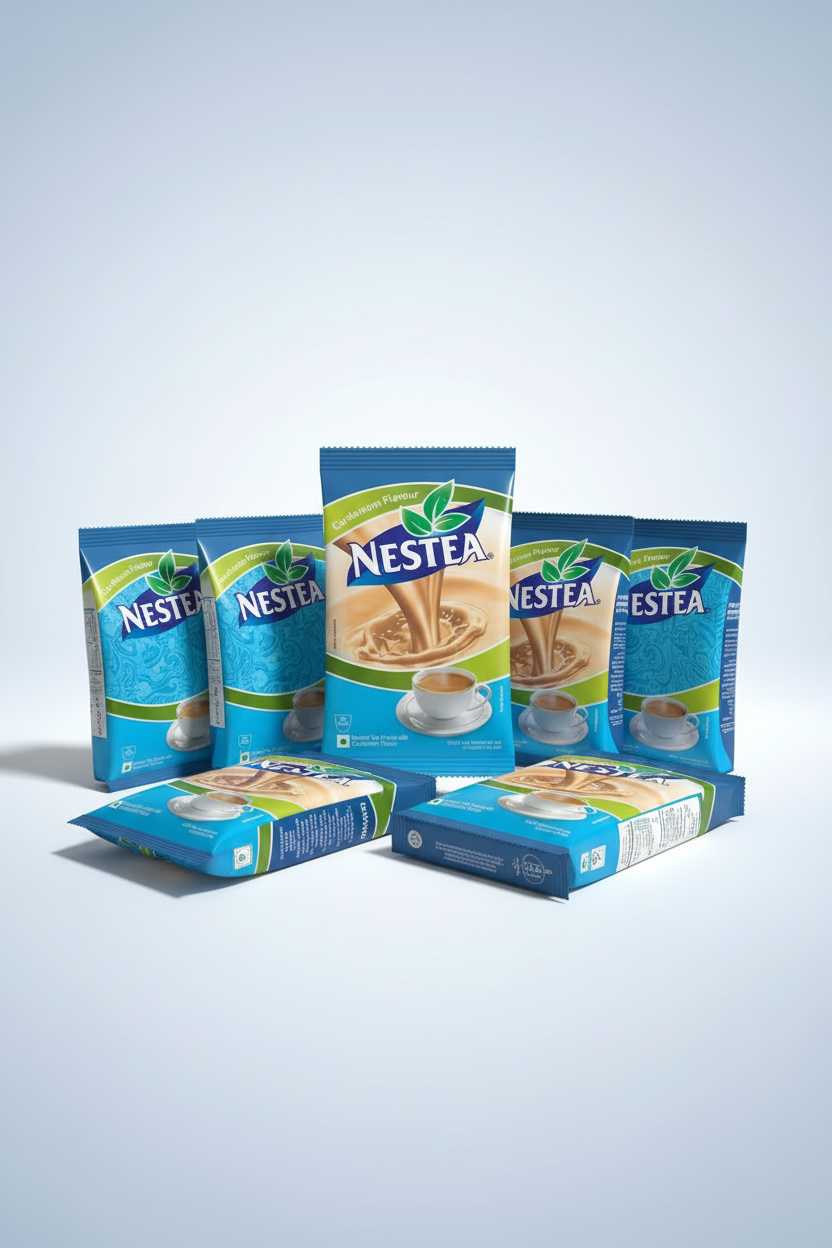 Multiple packs of Nestea Masala Gold instant tea premix arranged on a light background