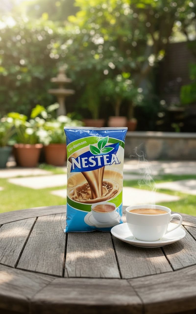 Nestea Masala Gold instant tea premix packet with a steaming cup of tea on wooden table outdoors