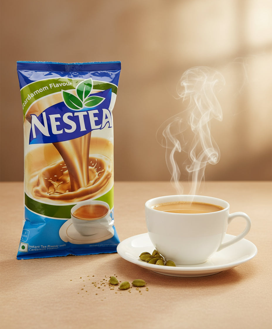 Nestea Masala Gold instant tea premix packet with steaming cup of cardamom flavored tea on saucer