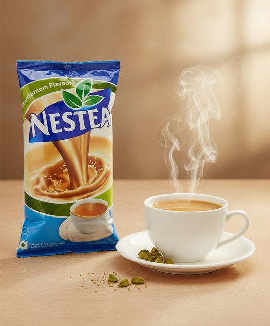 Nestea Masala Gold instant tea premix packet with steaming cup of cardamom flavored tea on saucer