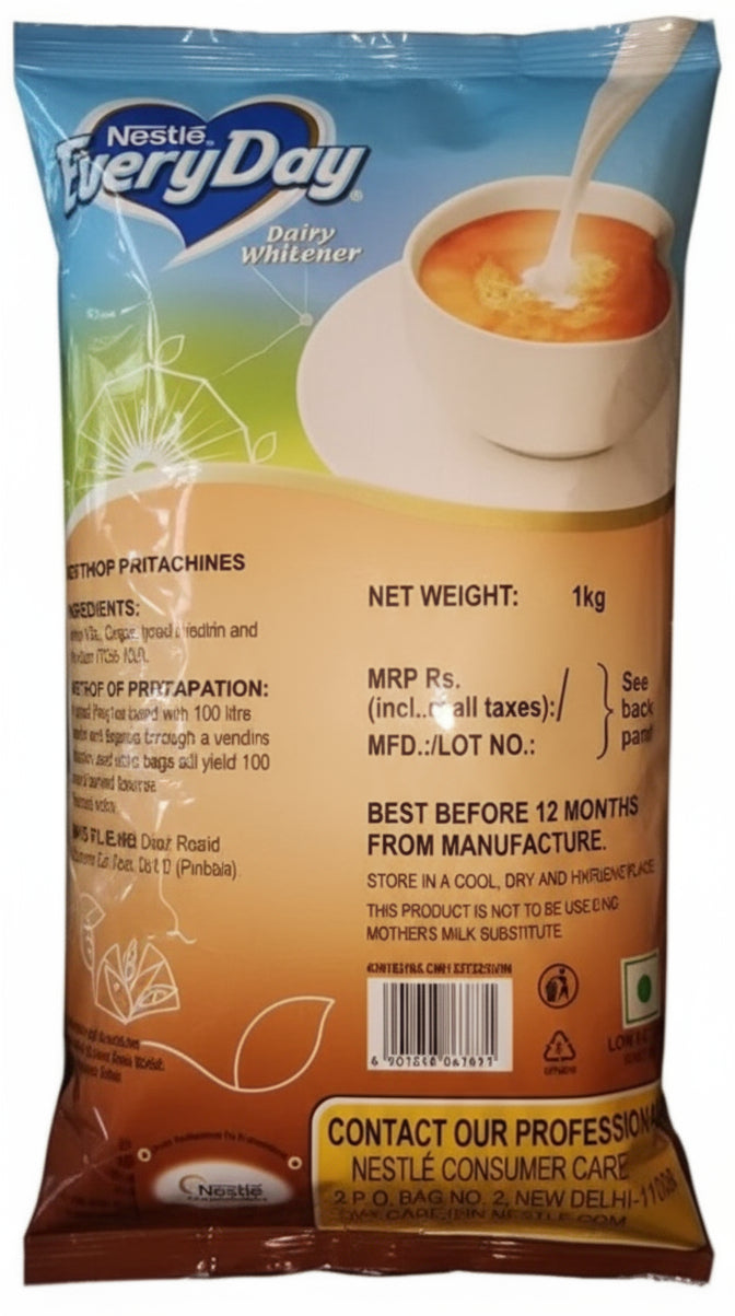 Nestle Everyday dairy whitener 1kg pouch with cup of tea and milk pouring on blue and brown background
