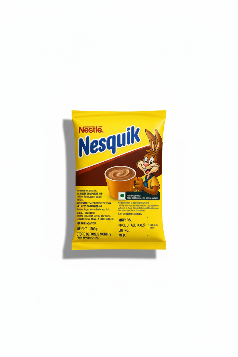 Nesquik hot chocolate mix Delhi yellow packet with chocolate drink and cartoon bunny on front