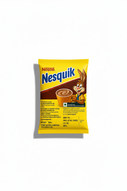 Nesquik hot chocolate mix Delhi yellow packet with chocolate drink and cartoon bunny on front