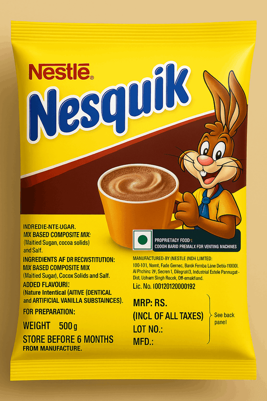 Nestle Nesquik hot chocolate mix 500g pack with Nesquik bunny mascot and a cup of hot chocolate