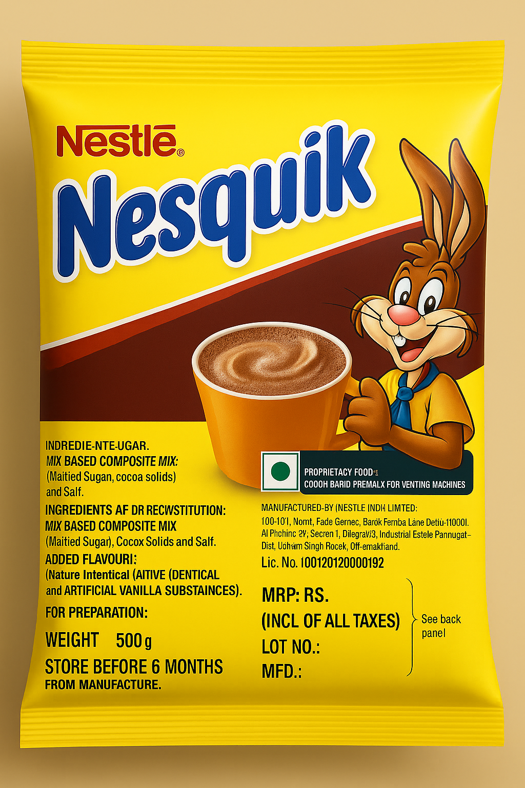 Nestle Nesquik hot chocolate mix 500g pack with cartoon bunny mascot and preparation details Nesquik hot chocolate mix Delhi