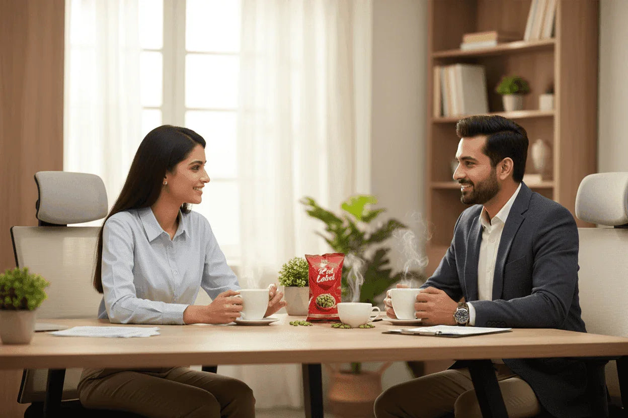 Two professionals enjoying coffee break with Red label cardamom Tea Premix 1kg on the table
