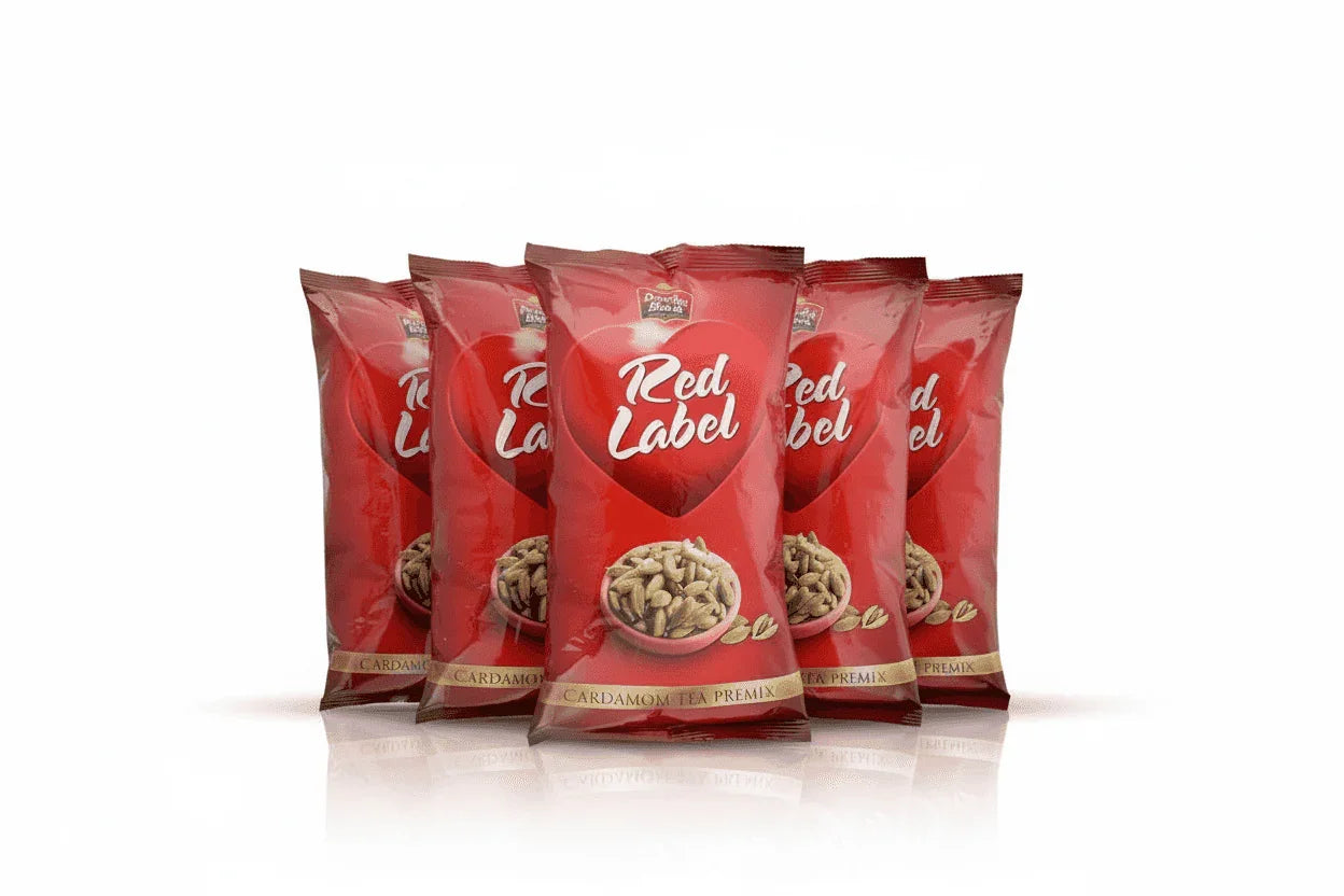COFFEE WALLA Red label cardamom Tea Premix 1kg packs with cardamom pods on vibrant red packaging
