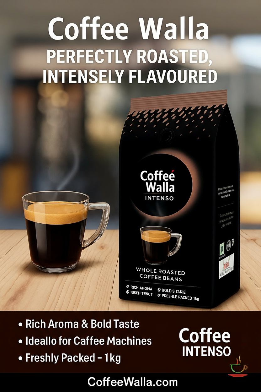 Coffee Walla whole roasted coffee beans Delhi pack with a steaming cup of black espresso on wooden table