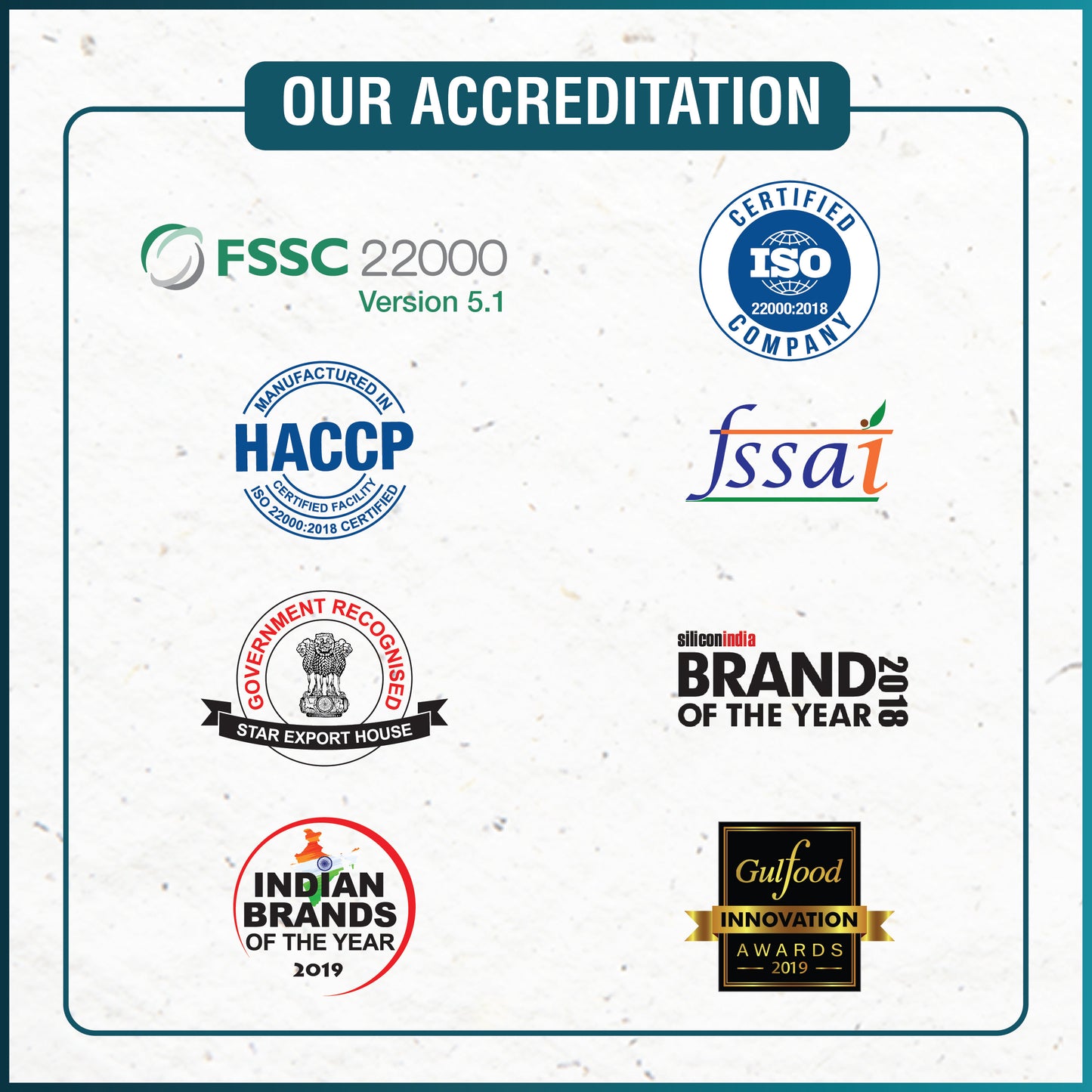 Certification logos including FSSC 22000, ISO 22000, HACCP, FSSAI, Star Export House, Indian Brands of the Year, and Gulfood Innovation Awards for Amazon tea coffee Mizoram