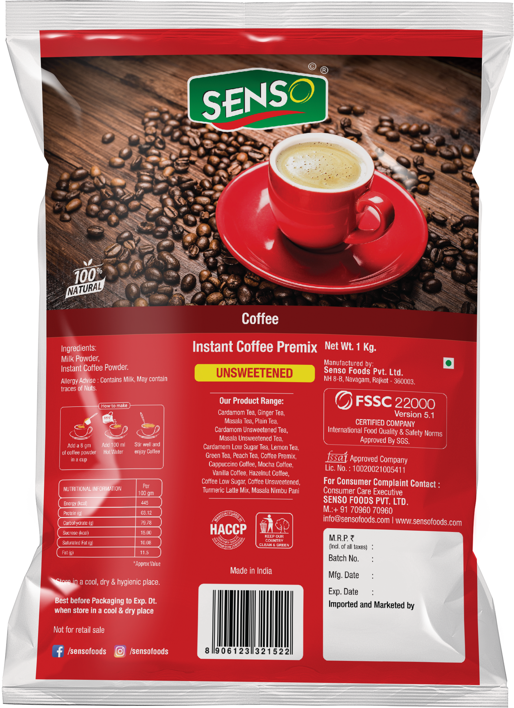 Senso Regular Coffee Powder Instant 1 Kg Unsweetened - COFFEE WALLA CALL ANY REQUIREMENT 99397588888 24*7