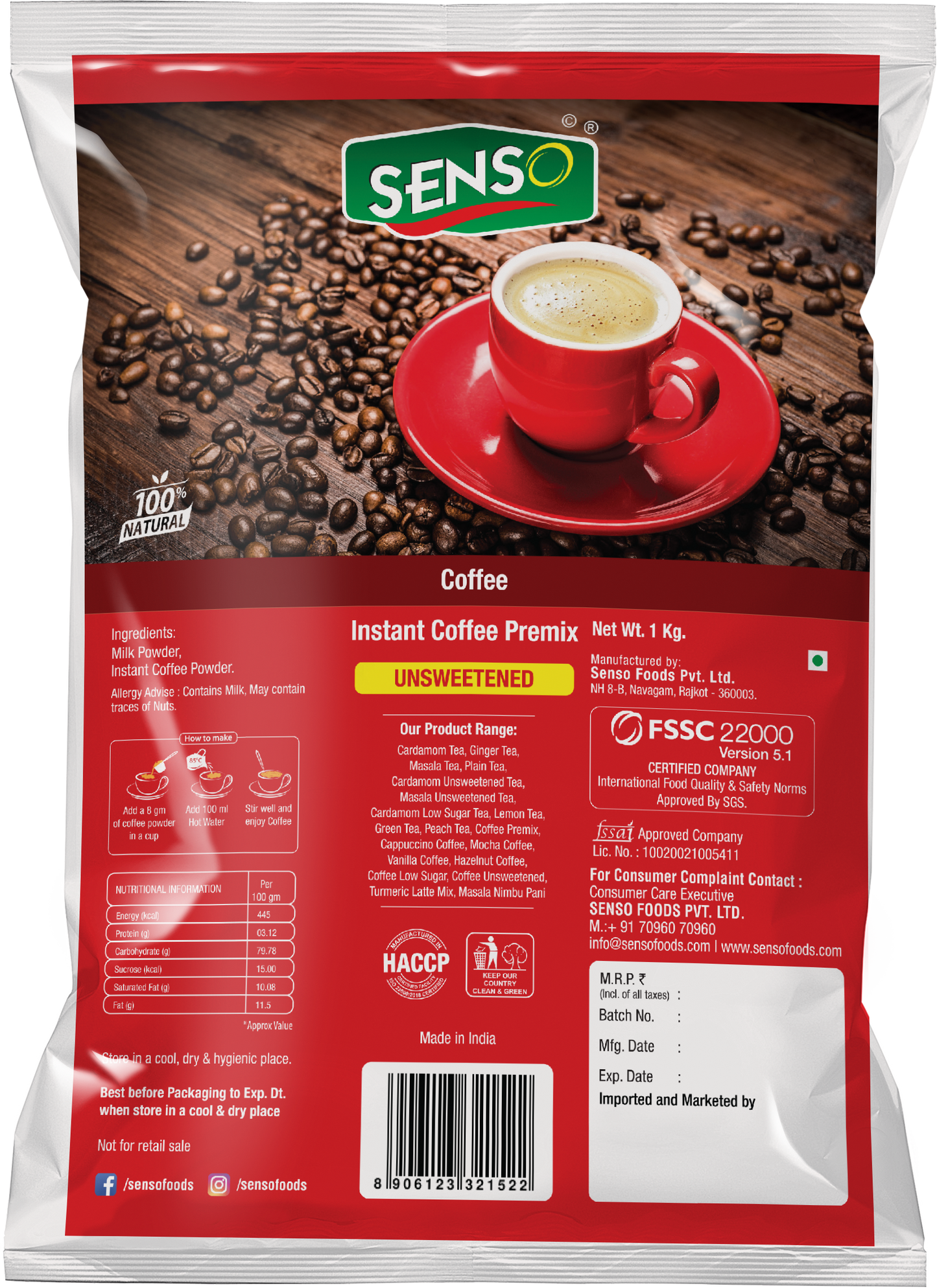 Senso Regular Coffee Powder Instant 1 Kg Unsweetened - COFFEE WALLA CALL ANY REQUIREMENT 99397588888 24*7