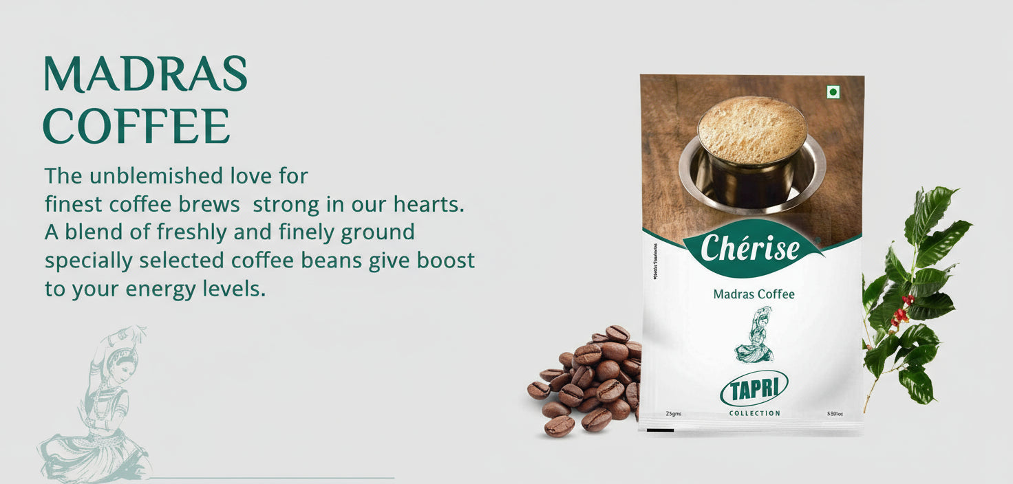 Madras coffee premix for vending machines with fresh coffee beans and a cup of brewed coffee