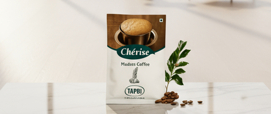 Smiling man holding Cherise Madras coffee premix for vending machines packet with coffee beans and leaves